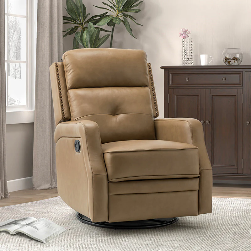 Genuine Leather Swivel Rocker Recliner with Nailhead Trim & Manual Recline | Taupe / Brown / Burgundy / Dove / Black / Camel / Navy / Sage / Turquoise / Beige | Single Seat