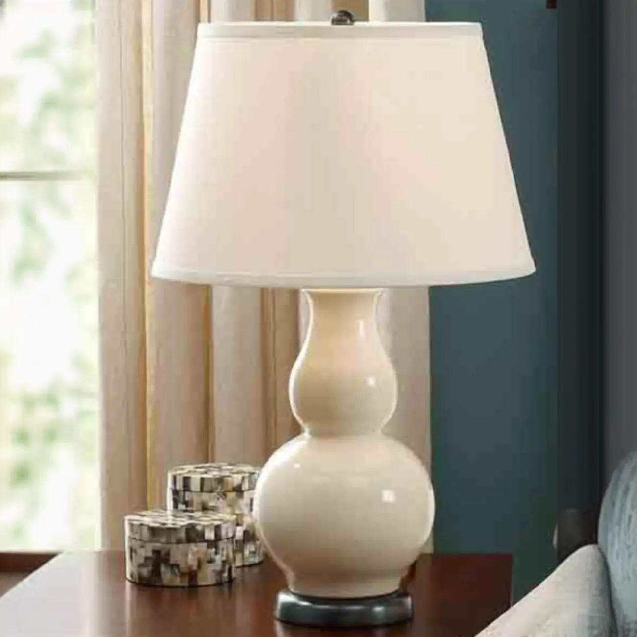 Elegant White Ceramic LED Table Lamp with Fabric Shade