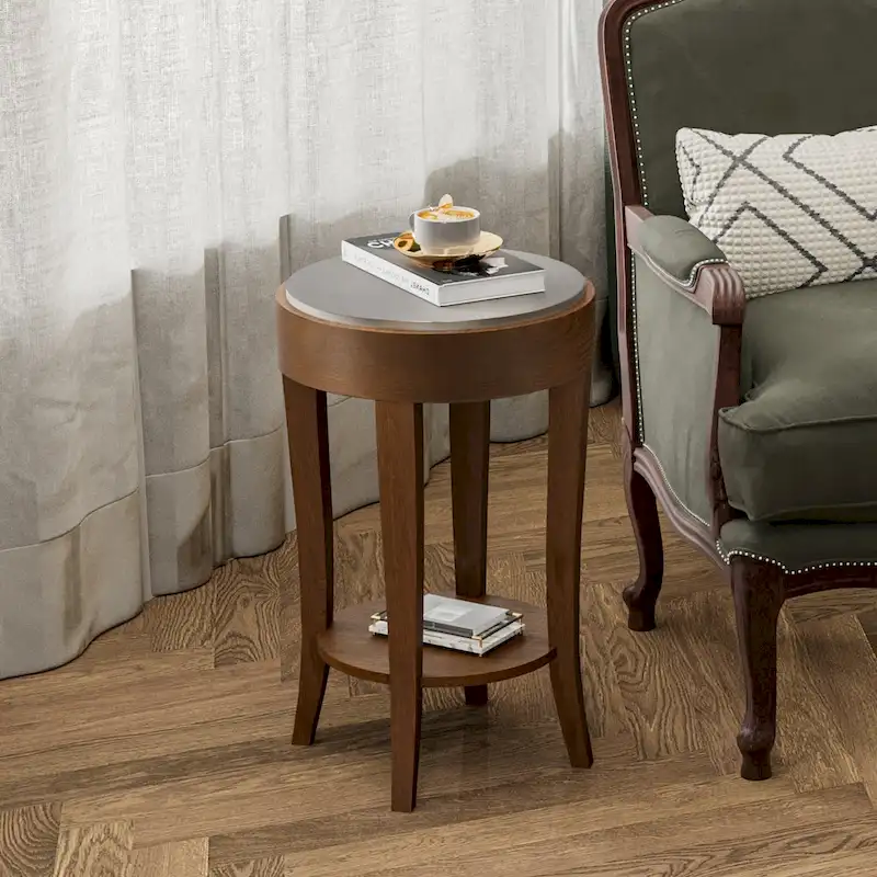 2-Tier Round Accent End Table with Shelf