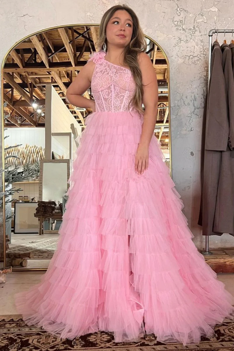 A Line One Shoulder Tiered Long Prom Dress