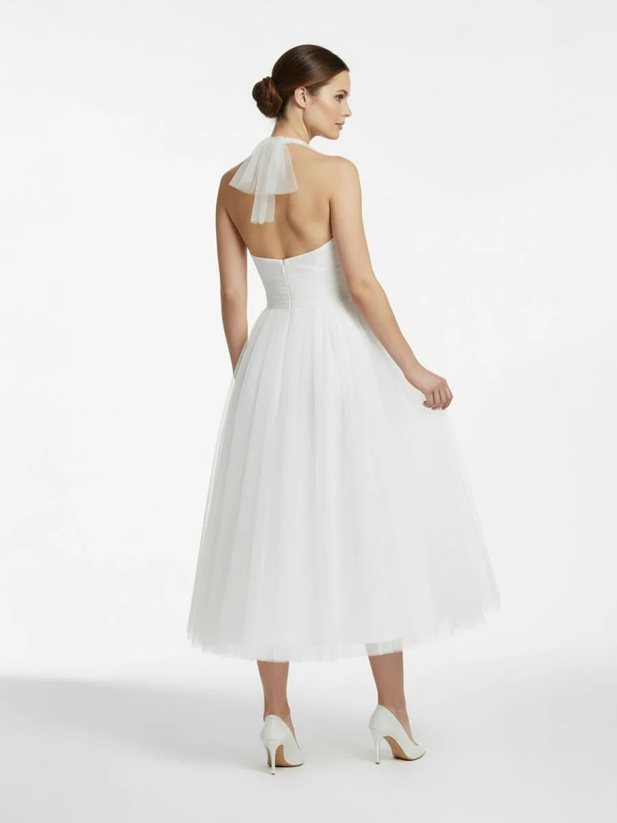 Halter A-Line Tea Length Tulle Wedding Dress With Ruching
