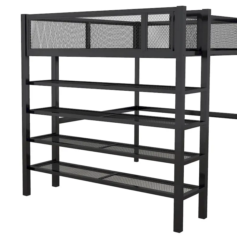 Black Full Metal Loft Bed with Storage Shelves