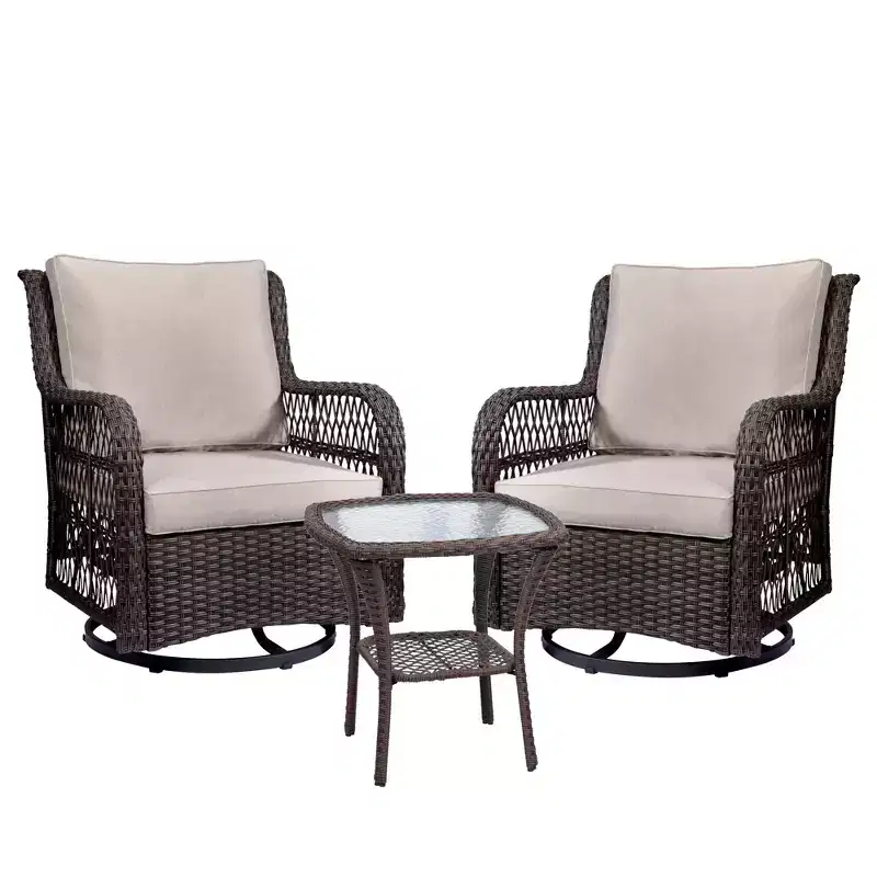 3 Piece Outdoor Bistro Set - All-Weather Wicker Swivel Rocker Chairs with Cushions - Tempered Glass Side Table - Perfect for Garden, Porch, Deck
