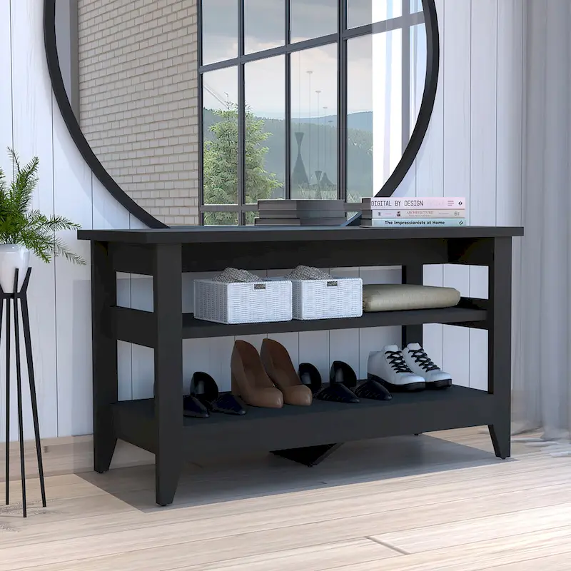 Storage Bench with 4 Legs & 2 Open Shelves | Entryway Shoe Bench | Modern Style