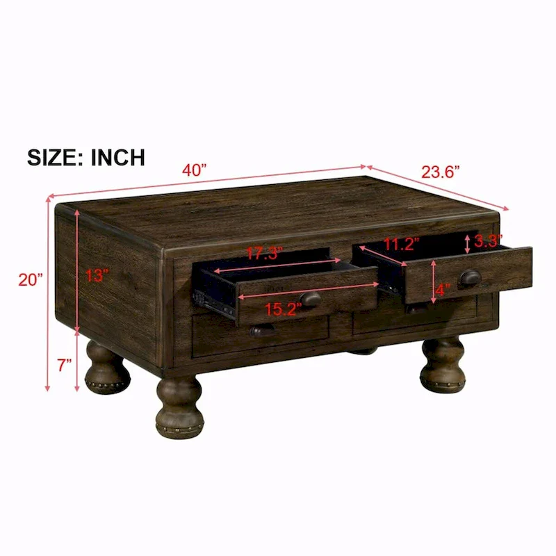 40 Solid Wood Rectangle Coffee Table with 4 Drawers
