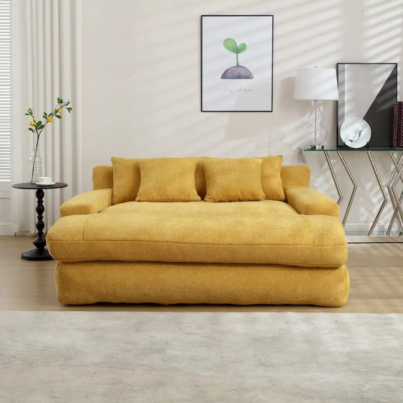 Navy / Mustard Yellow / White / Emerald / Grey Chenille 2-Seat Sofa Bed with 5 Back Pillows, 2-Person