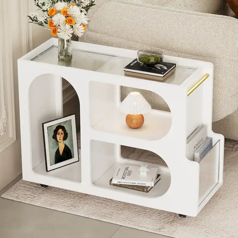 31.5  Modern Mobile End Table with 5mm Thick Fluted Tempered Glass, Lockable Wheels and Golden Round Rod