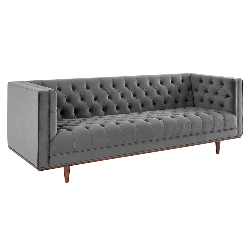 Gray / Navy / Cognac Tufted Velvet Sofa, 3-Seater