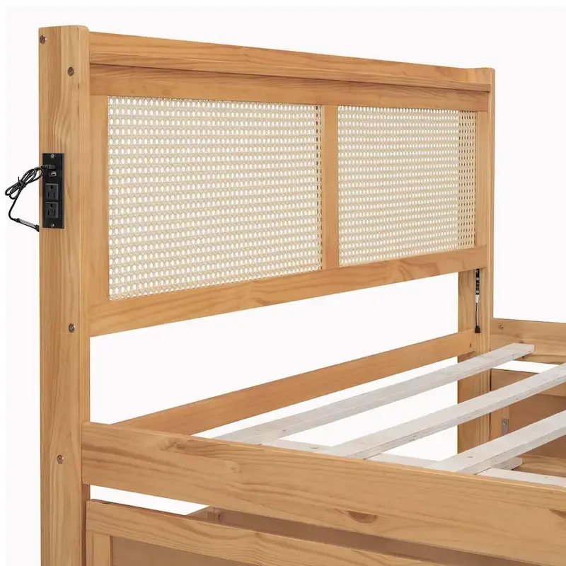 Elegant Bed Frame with Rattan Headboard and Sockets