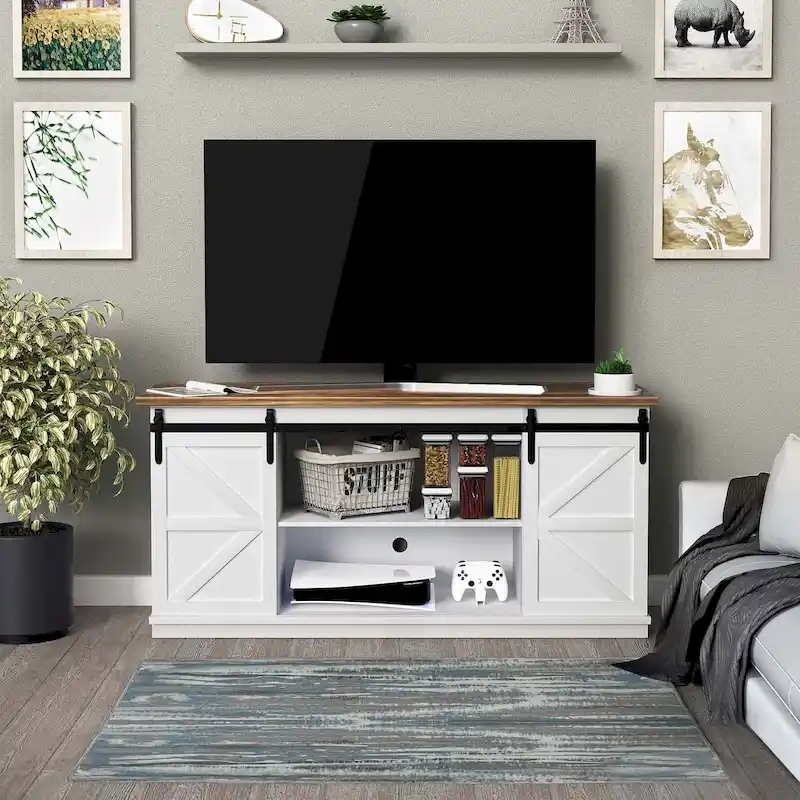 Mid-Century Farmhouse TV Stand with Barn Door | 2-Shelf, Fits 43