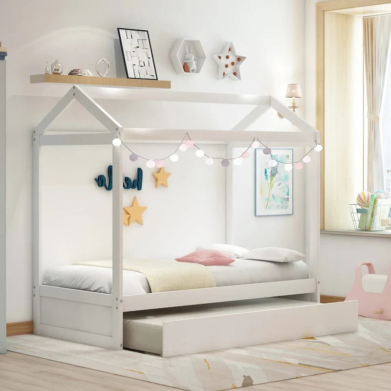 White Twin House-Style Kids Bed with Trundle, 1-Sleeper