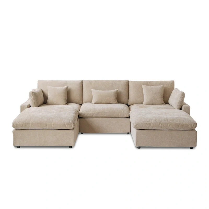 Classic Modern Linen Sectional Modular Sofa 3-Seater with 2 Ottomans, U-shaped Down Filled Cloud Couch with Cushions