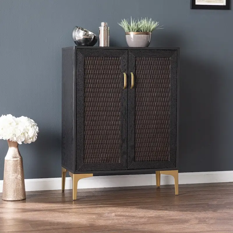 Modern Rustic Black Gold & Faux Rattan Bar Cabinet, Wine Storage, Living Room Furniture