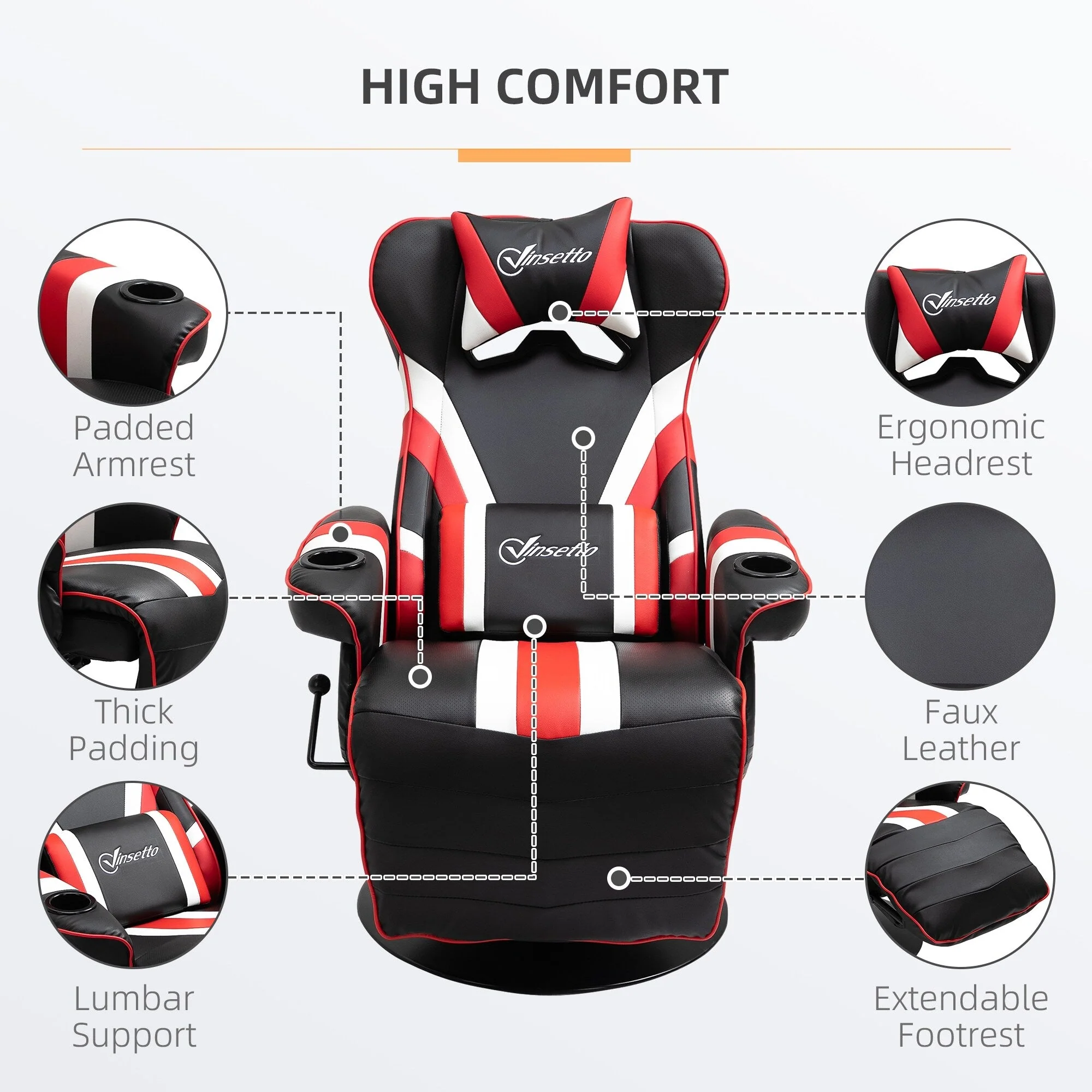 360° Swivel Racing Style Gaming Recliner Chair with Lumbar Support, Footrest and Dual Cup Holders for Game Room