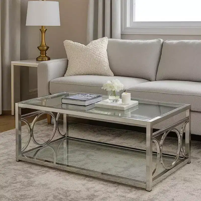 Royal Hampton 47 Inch Coffee Table, Glass Top, Mirrored Bottom Shelf, Metal Accents