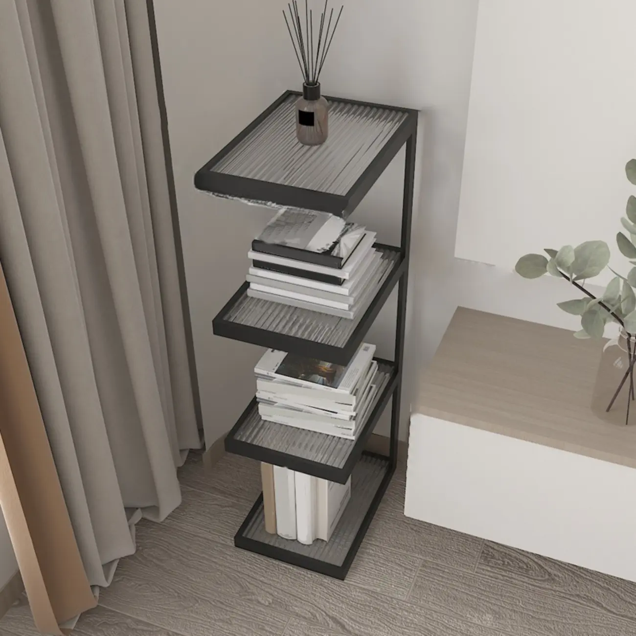 Extra Tall Simple Glass Top and Steel 3 Shelves Nightstand
