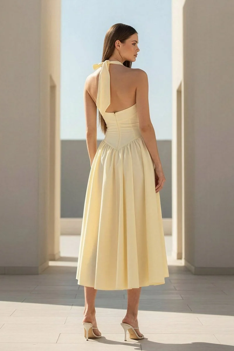 Yellow Halter A Line Satin Pleated Tea Length Formal Prom Dresses