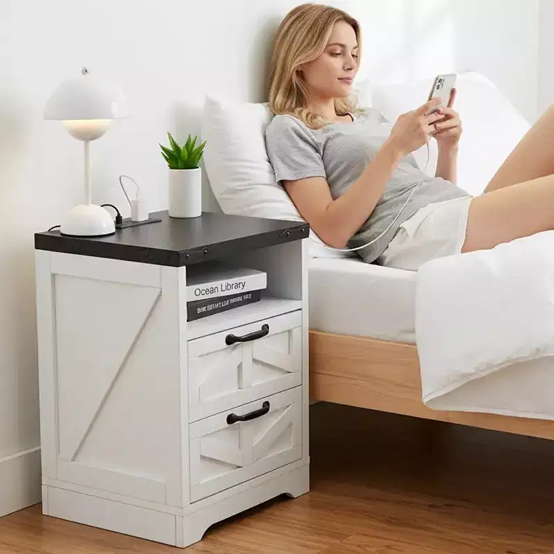 Farmhouse Nightstand with Built-in Charging Station, 2-Drawer End Table with USB Ports & Outlets for Bedroom or Living Room  White