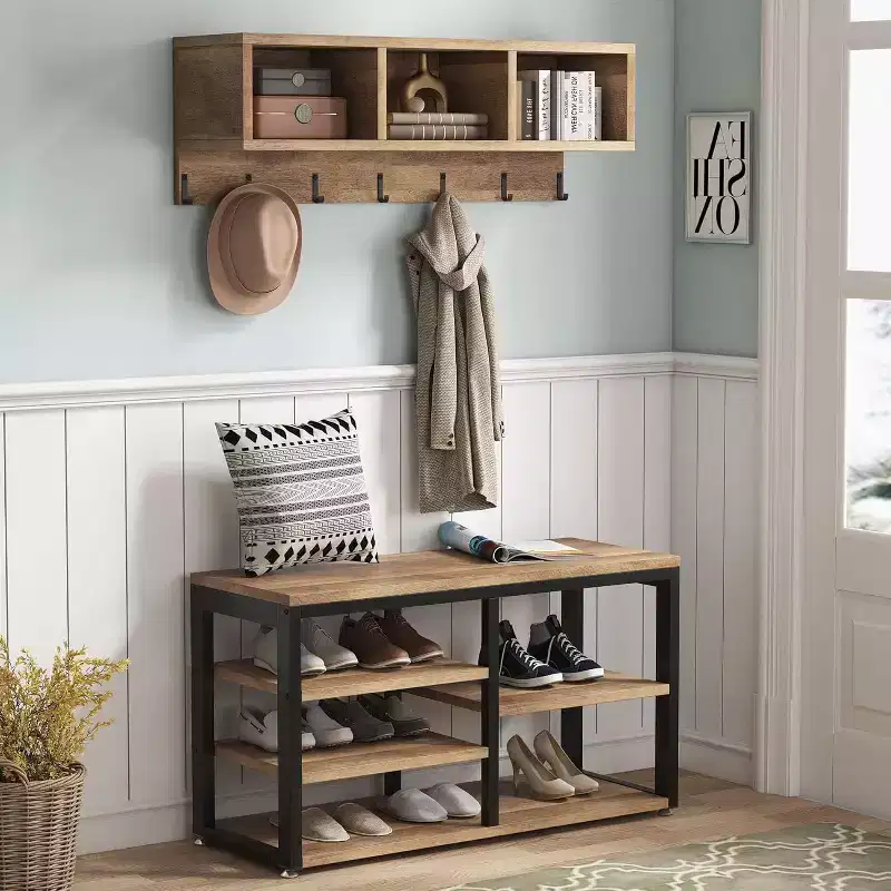 Lantine Coat Rack Set, Hall Tree with Industrial Shoe Bench, 3 Storage Cubbies & 7 Hooks, 5-in-1 Design for Entryway/Hallway, Vintage Oak