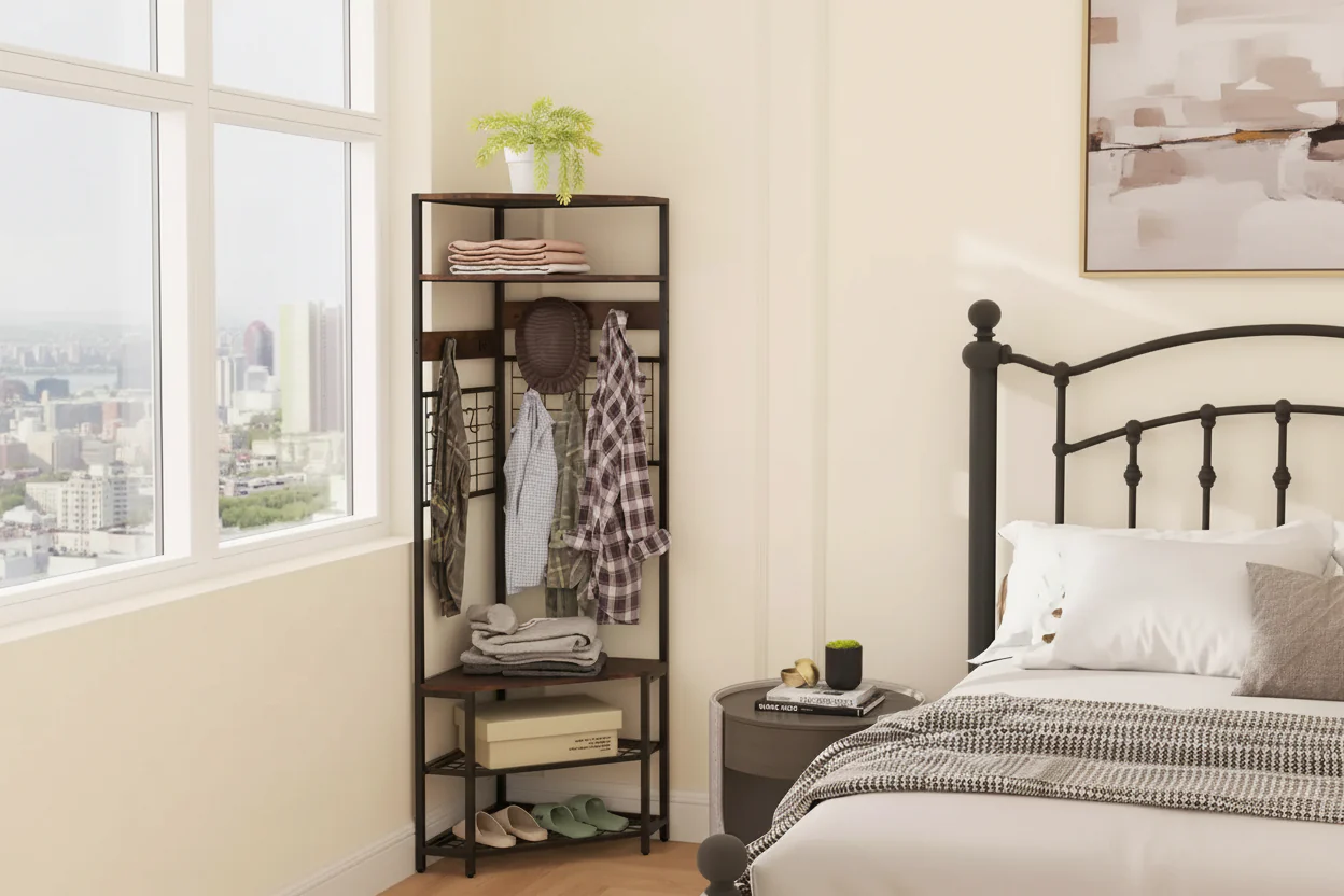 Corner Hall Tree with Shoe Bench & Hooks
