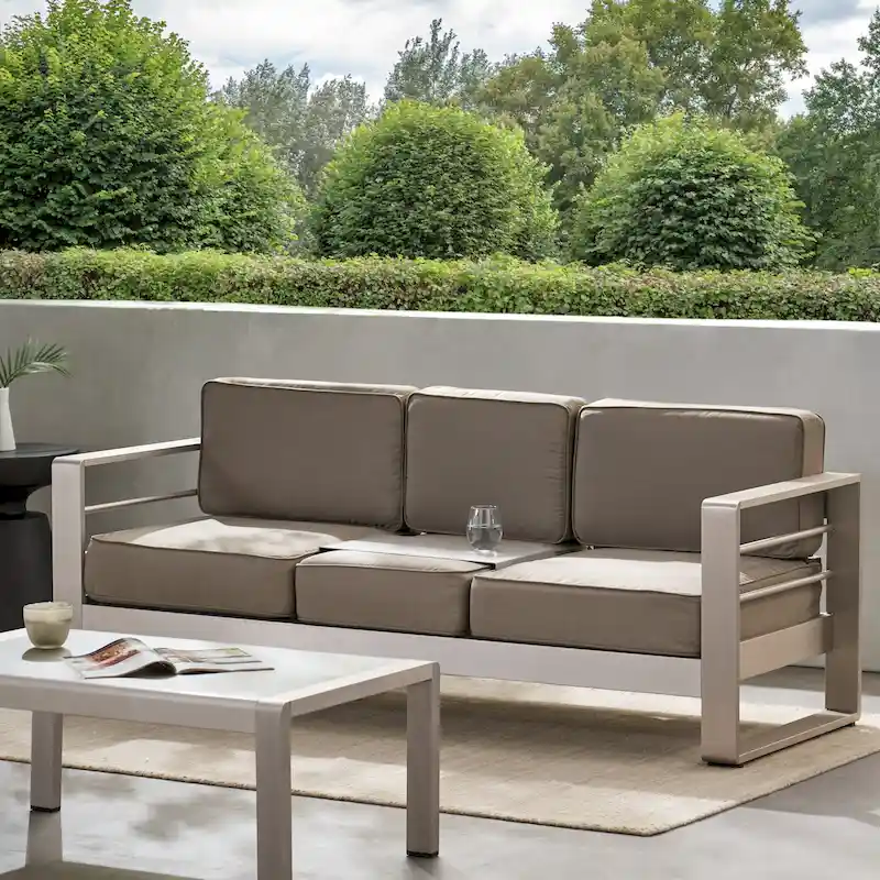 Cape Coral Aluminum and Sunbrella Outdoor 3 Seater Sofa with Cushions by Christopher Knight Home