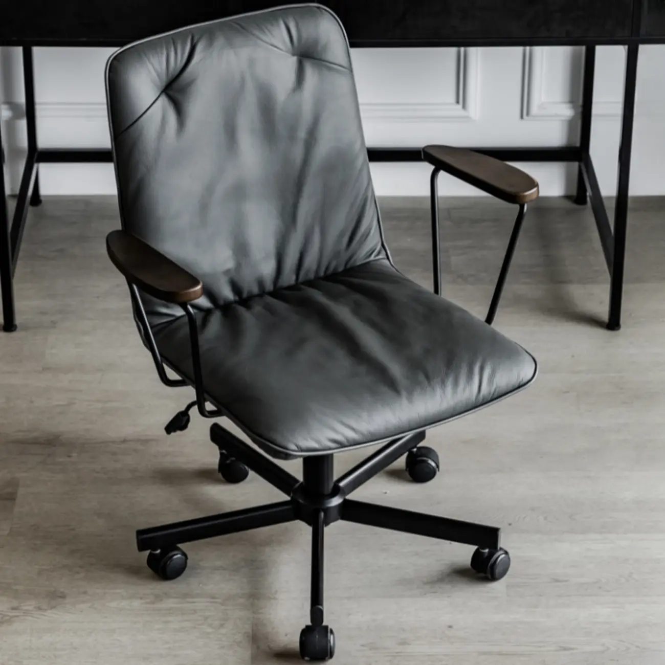 Elegant Grey Leather Metal Swivel Office Chair with Casters
