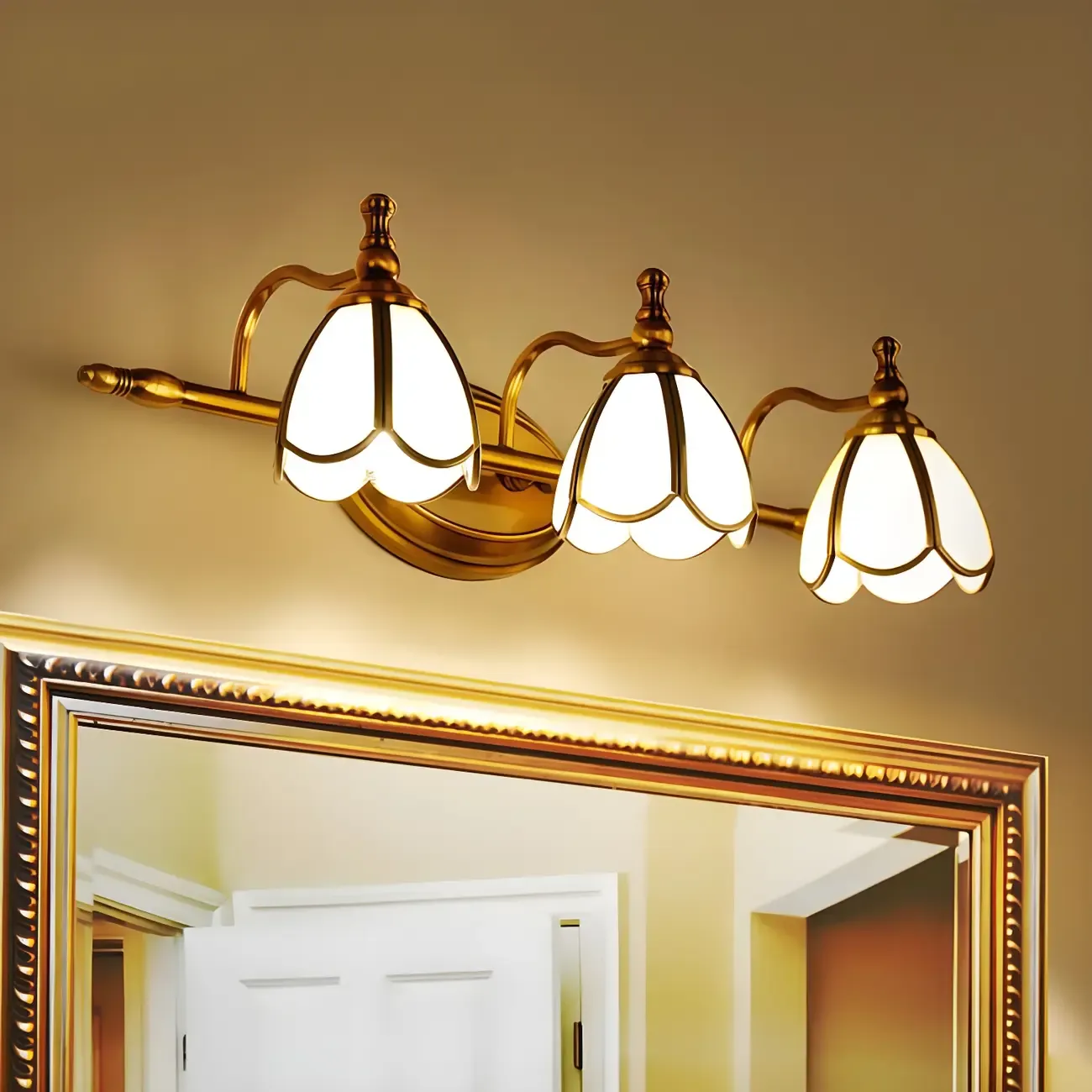 3-Light Vintage Brass Floral Bathroom Vanity Light