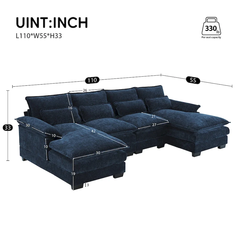 Blue Chenille 6-Seat Modular U-Shaped Sleeper Sectional Sofa with Chaise