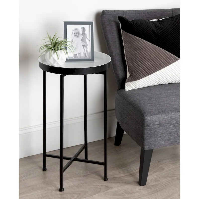 White / Gold / Mirror / Gray Round Metal Tray Foldable Accent Table – Single