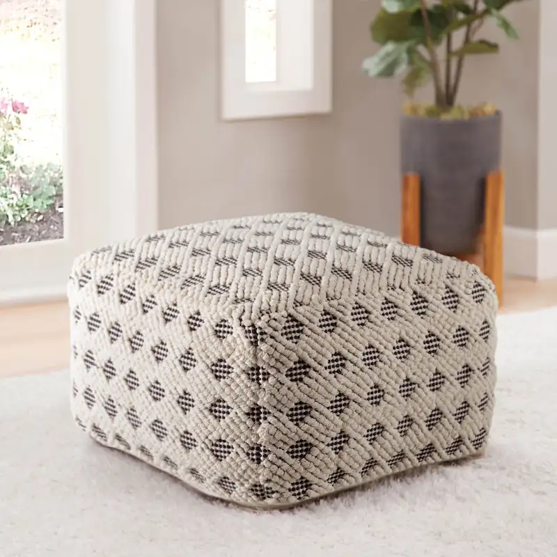 Natural & Black Cotton Pouf Ottoman, 1-Seat Footrest