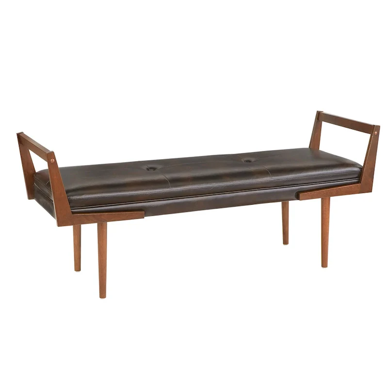 Upholstered Mid-Century Bench with Button Tufting – Taupe / Charcoal Grey / Brown Faux Leather, Walnut Legs