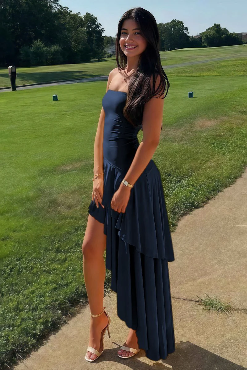 Blue Sheath Strapless Spandex High Low Long Prom Dresses with Ruffles