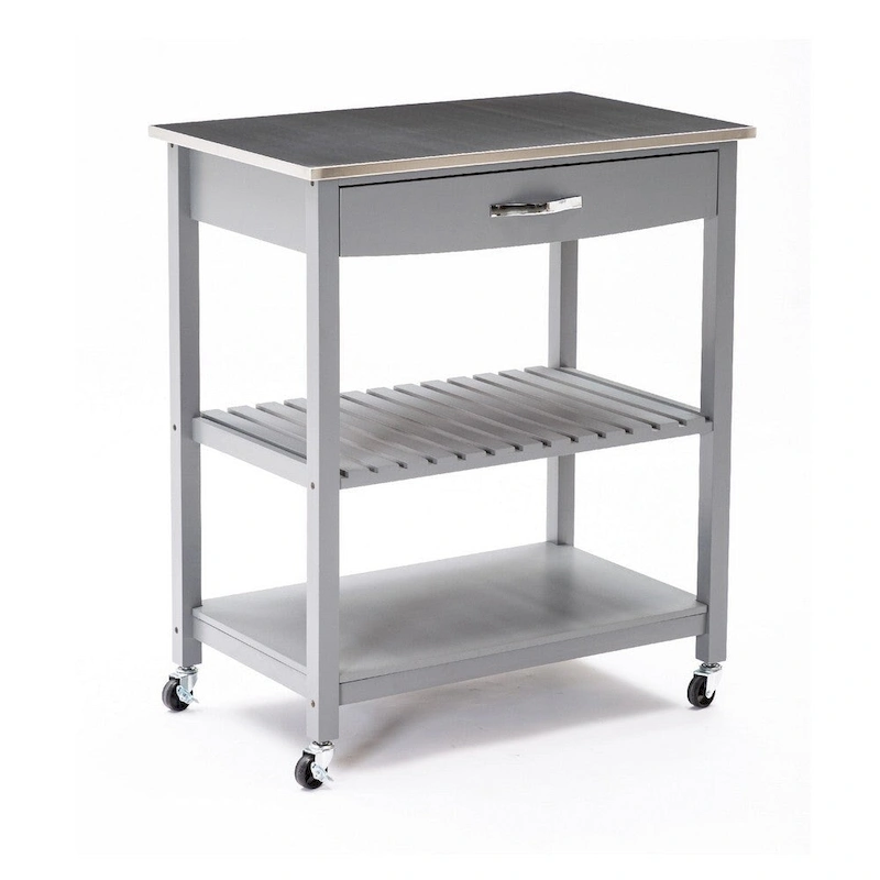 38 Inch 2 Tier Kitchen Cart Island, Shelf, Steel Top, Lock Casters, Gray - 19L x 30.5W x 35.75H