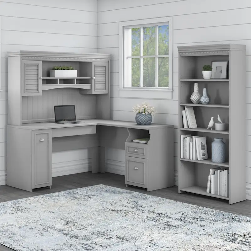 Fairview 60W L Shaped Desk with Hutch and Bookcase by Bush Furniture