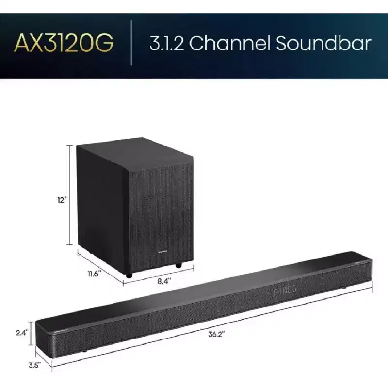 Refurbished: Hisense 3.1.2 Ch 360W Soundbar Speaker with Wireless Subwoofer, Dolby Atmos & DTS:X, AX3120G, Black - Manufacturer Refurbished