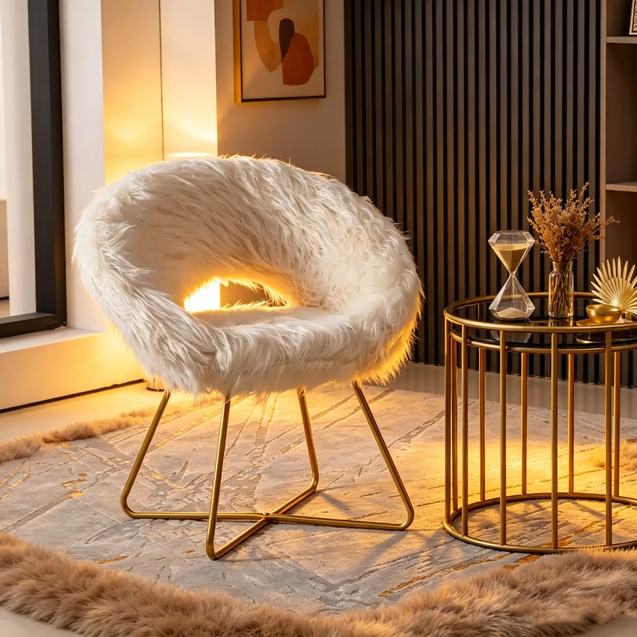Faux Fur Upholstered Lounge Chair, White