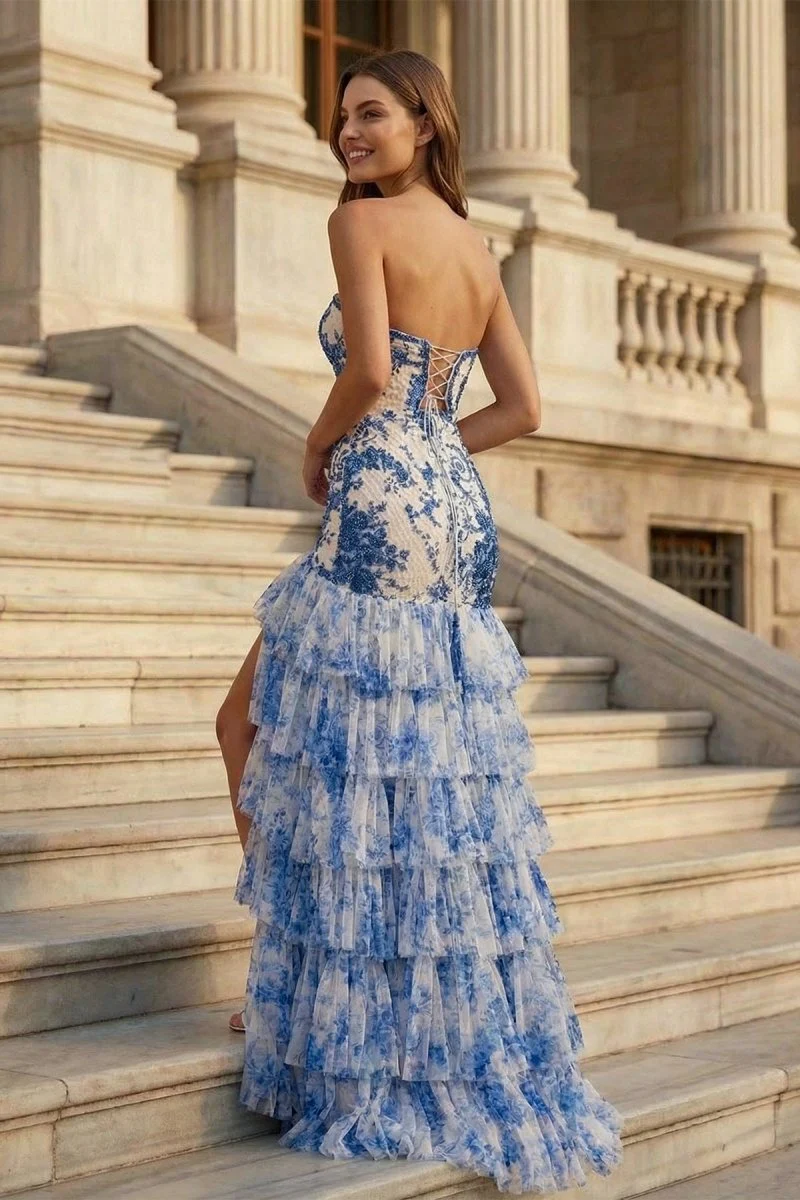 Blue Strapless Beaded Ruffle Tiered Mermaid Prom Dresses With Slit