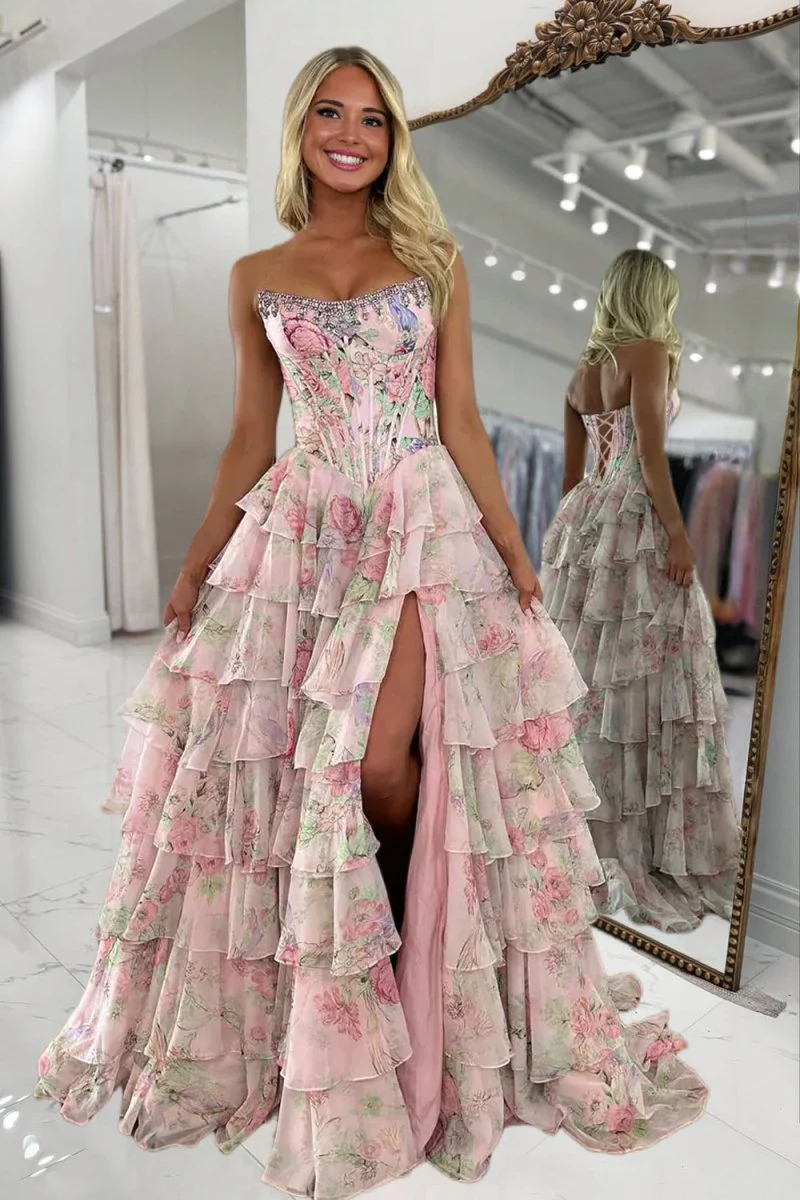 Pink - Scoop Neck A Line Floral Chiffon Ruffled Prom Dresses With Beading