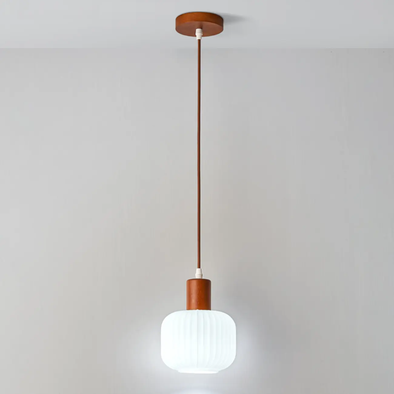 Modern White Glass Pendant Light with Solid Wood Accent