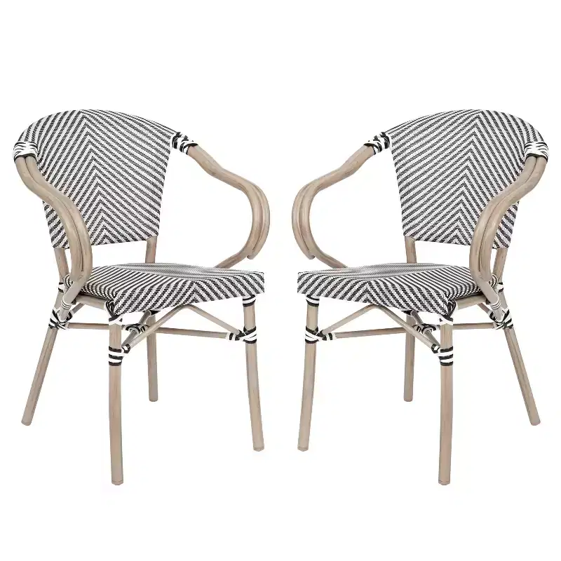 Flash Furniture 2 Pack Marseille Indoor/Outdoor Commercial Bistro Stacking Chair with Arms, Textilene and Bamboo Print Aluminum Frame