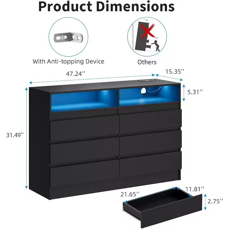 6 Drawer Double Dresser with Power Outlet, Accent Chests of Drawers with LED Light, Modern White Storage Dresser with Charging Station