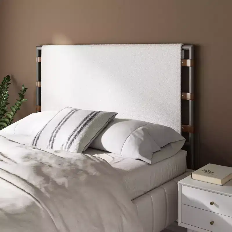 Nathan James Queen Aspen Boucle Upholstered Headboard Black Matte Metal Frame