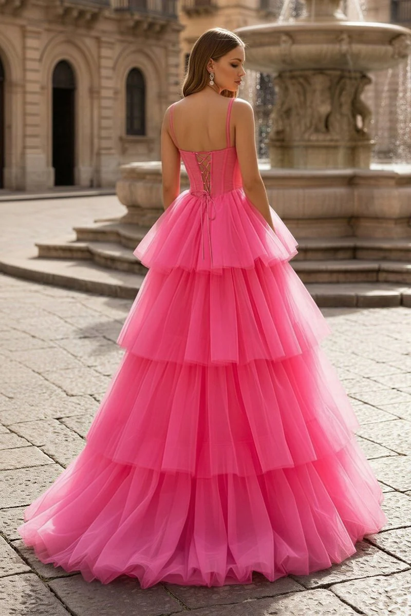 Hot Pink Ball Gown Tiered Tulle Long Prom Dress