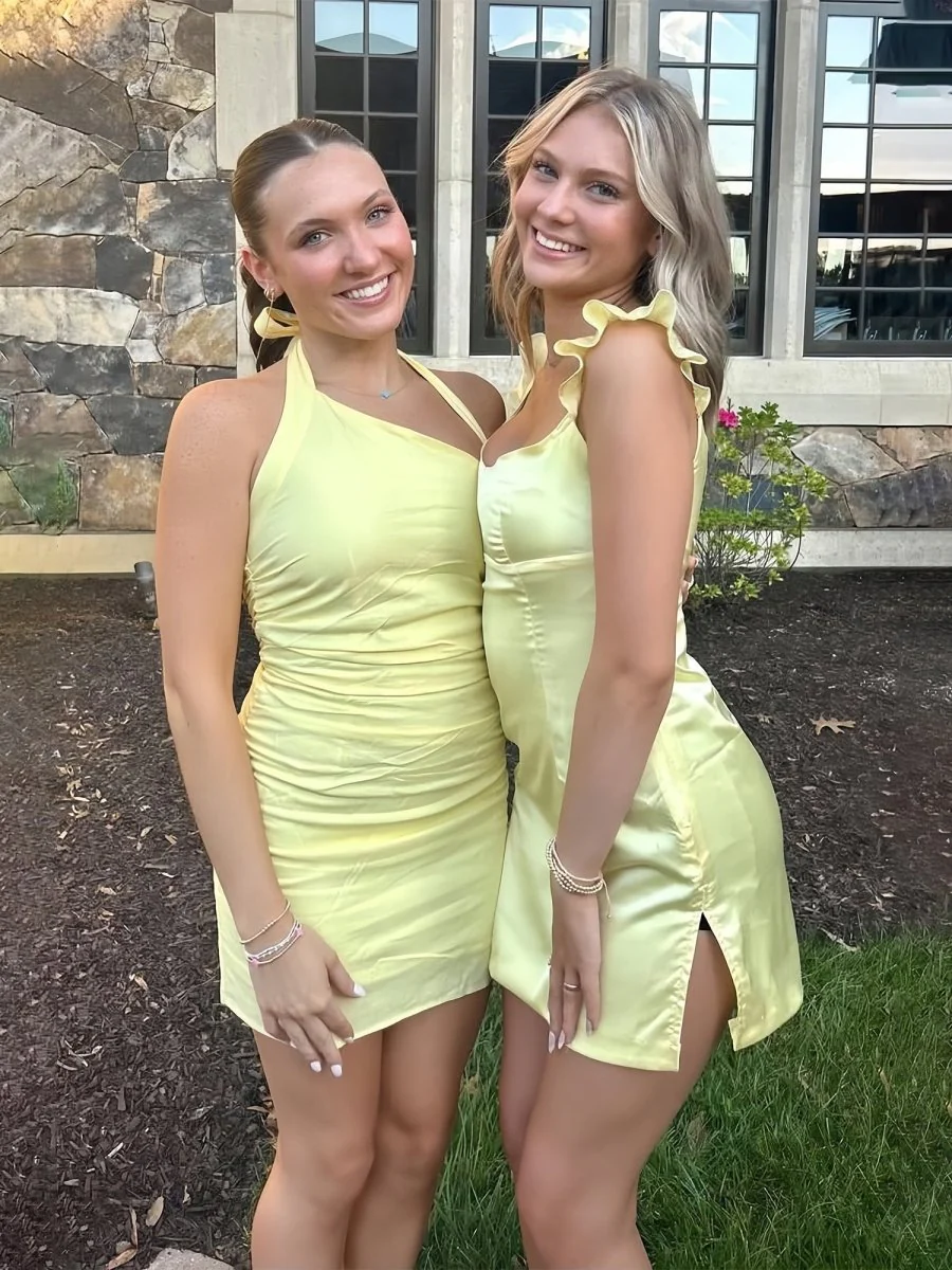 Yellow - Sheath Sweetheart Satin Short Homecoming Dress with Slit