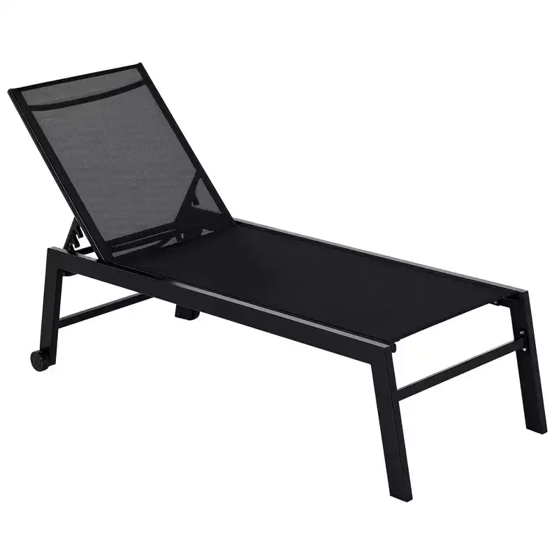 Outdoor Chaise Lounge with Wheels, Five Position Recliner for Sunbathing, Suntanning, Steel Frame, Breathable Fabric for Beach, Patio