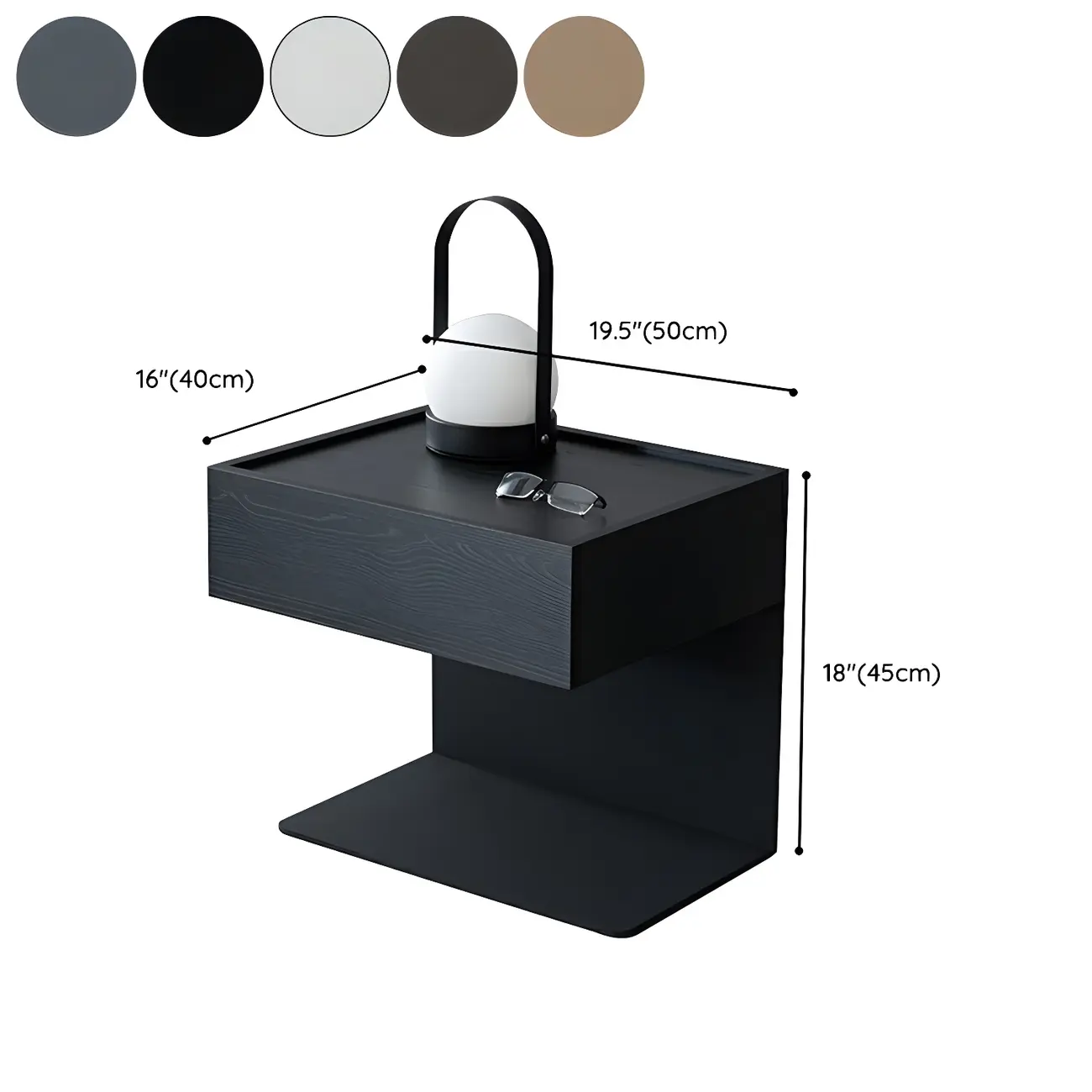 Black Steel Wood C-Shaped Drawer Nightstand with Light