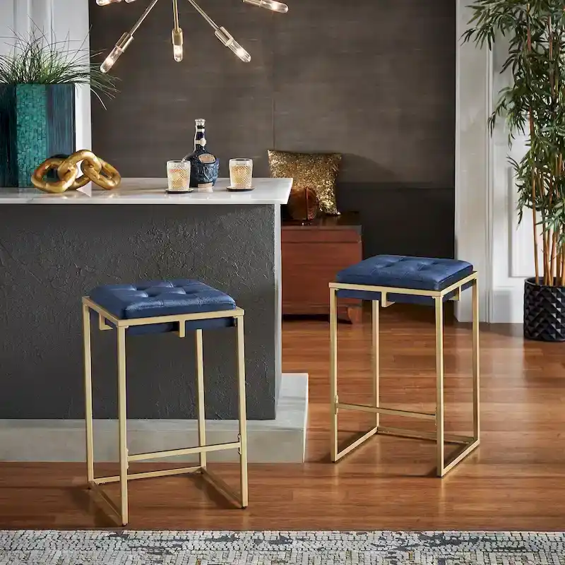 Backless Velvet Button-Tufted Bar Stool with Gold Metal Base & Footrest – Beige / Blue / Green, Counter / Bar Height