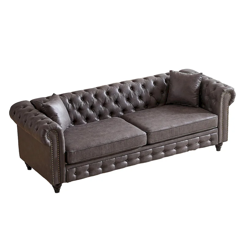 Gray Tufted Sofa with Rolled Arms - 3 Seater