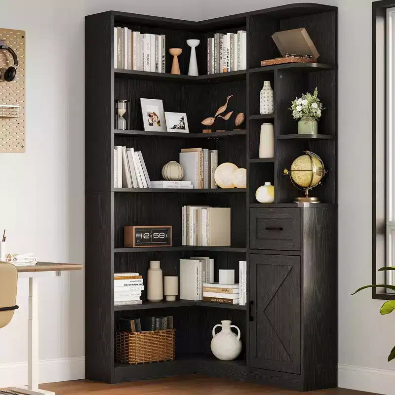 74 Inch Tall Corner Bookshelf, L-Shaped Black Bookcase with Storage for Living Room, Home Office and Bedroom