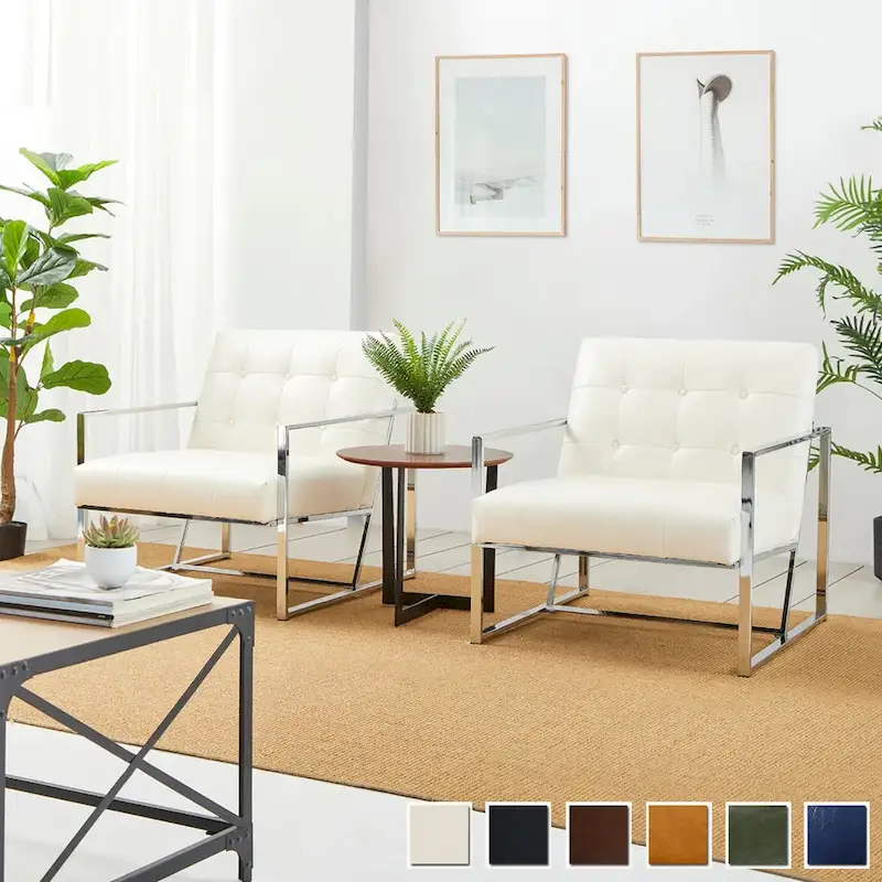 Mid-Century Tufted PU Leather Accent Chair, Set of 2 – Black / Brown / Green / Beige / Camel / Cream / Navy